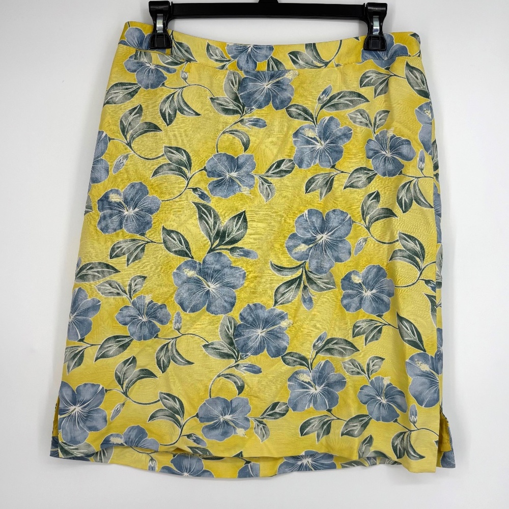 Bermuda Bay Womens Medium Pencil Skirt Yellow Blue Floral 100% Silk Fully Lined